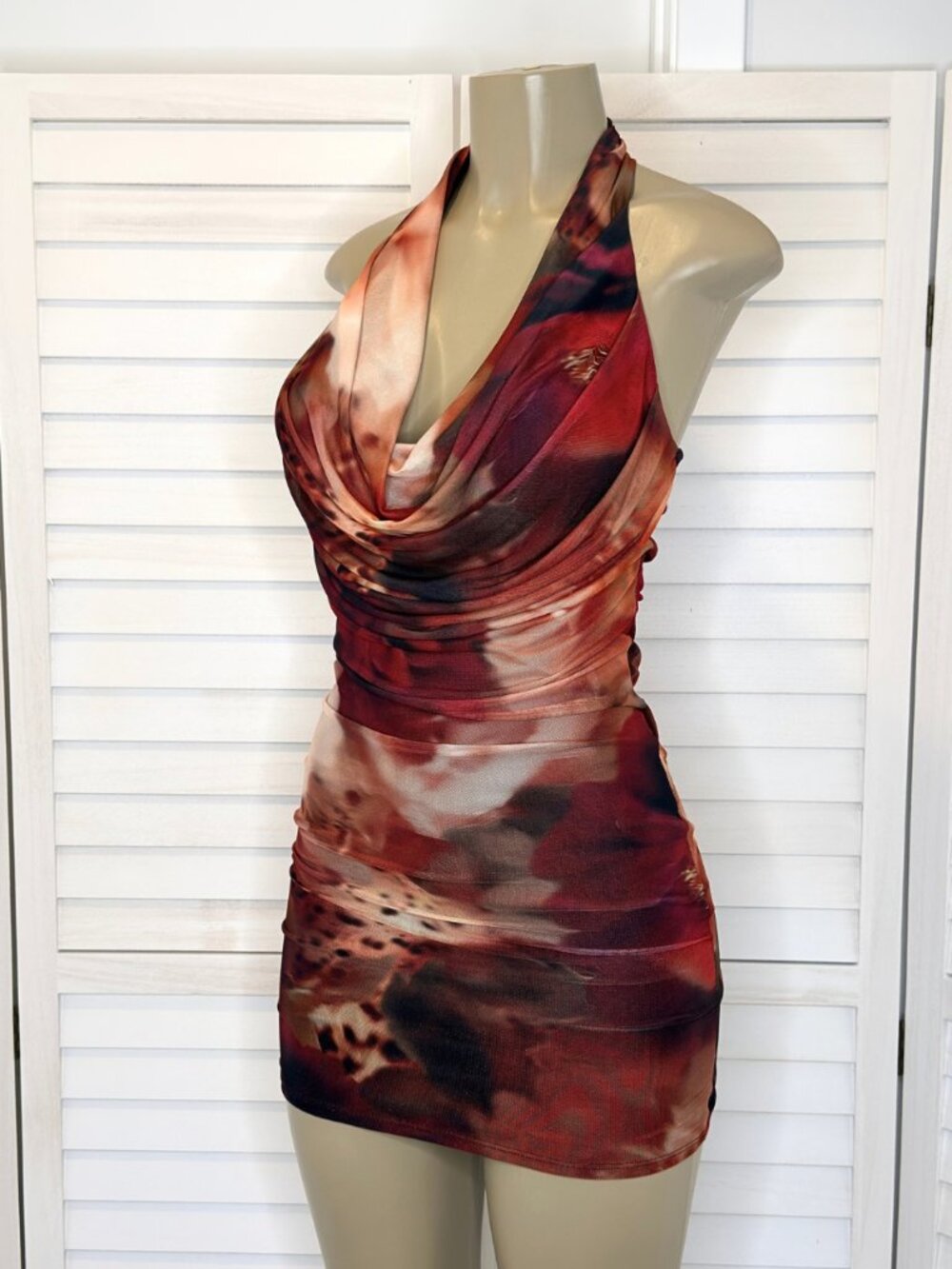 Chocolate USA Abstract Print Cowl Neck Halter Mini Dress